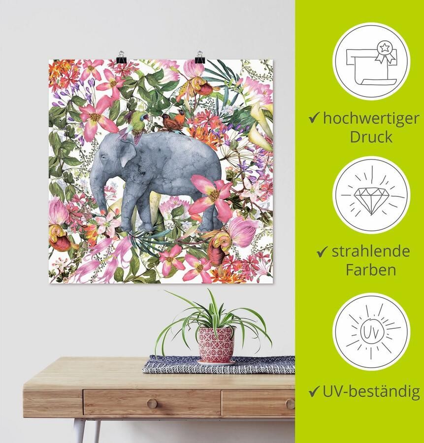 Artland Artprint Olifant in bloemen jungle als artprint op linnen poster in verschillende formaten maten - Foto 3
