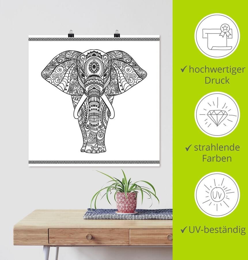 Artland Artprint Olifant in mandala als artprint op linnen poster muursticker in verschillende maten - Foto 3