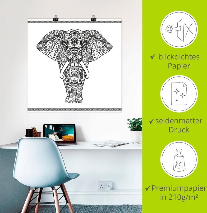 Artland Artprint Olifant in mandala als artprint op linnen poster muursticker in verschillende maten - Foto 2