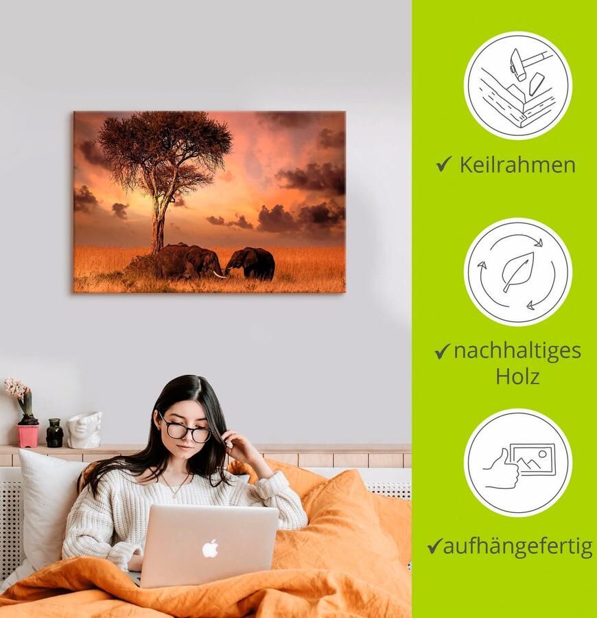 Artland Artprint op linnen Olifanten bij het avondeten
