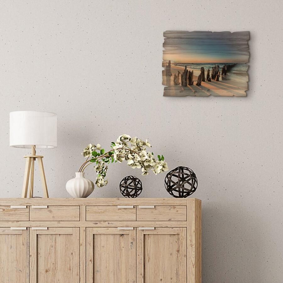 Artland Artprint op hout Zonsondergang strand golfbreker - Foto 3