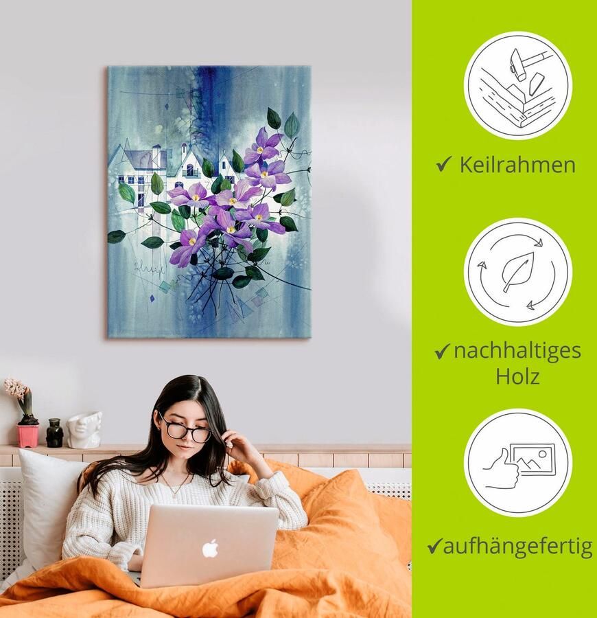 Artland Artprint op linnen Aanzicht met clematis gespannen op een spieraam