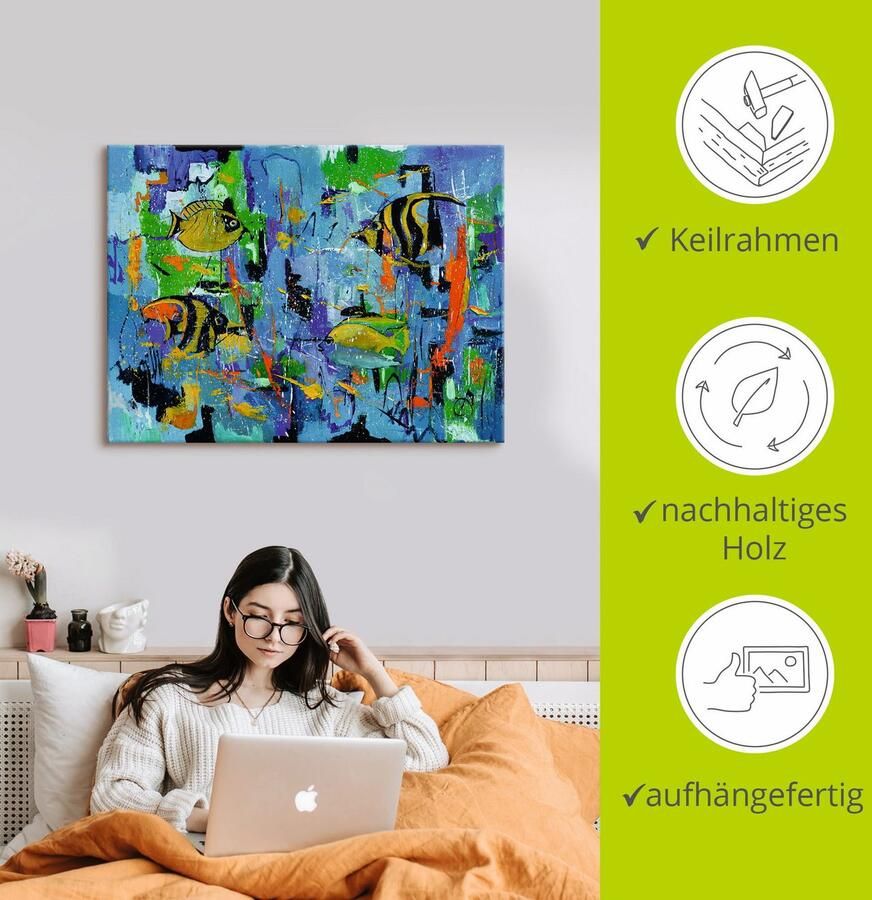 Artland Artprint op linnen Abstract vissen blauw gespannen op een spieraam