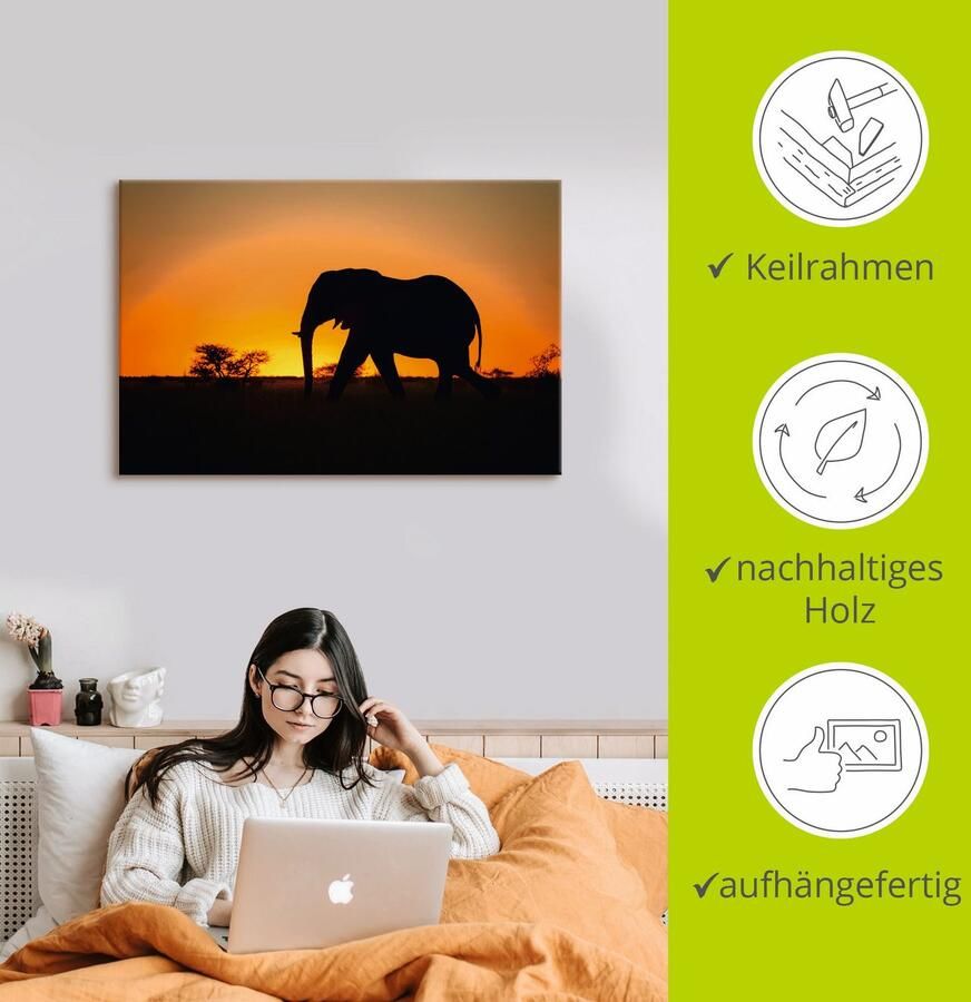 Artland Artprint op linnen Afrikaanse olifant bij zonsondergang