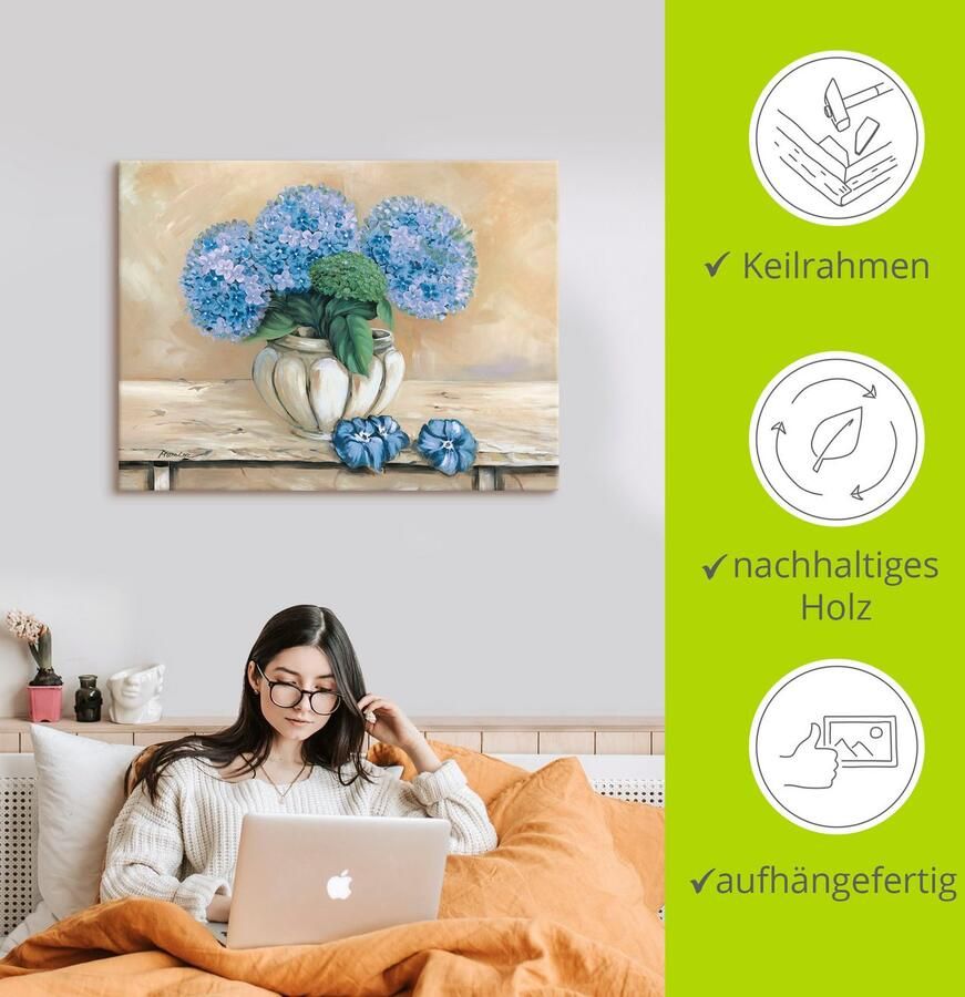 Artland Artprint op linnen Blauwe hortensia's gespannen op een spieraam - Foto 2