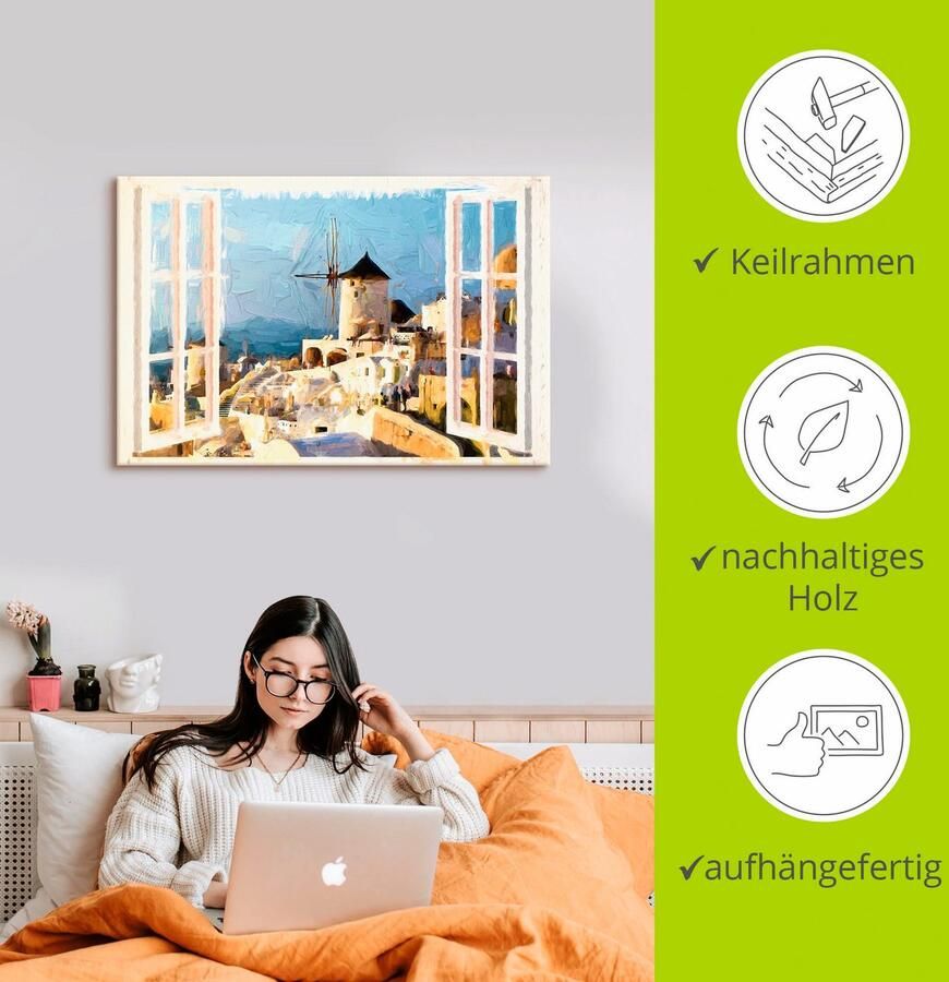 Artland Artprint op linnen Blik door het raam op Santorin