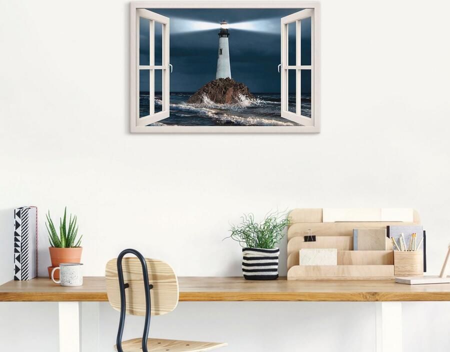 Artland Artprint op linnen Blik uit het venster vuurtoren met lichtbundel - Foto 5