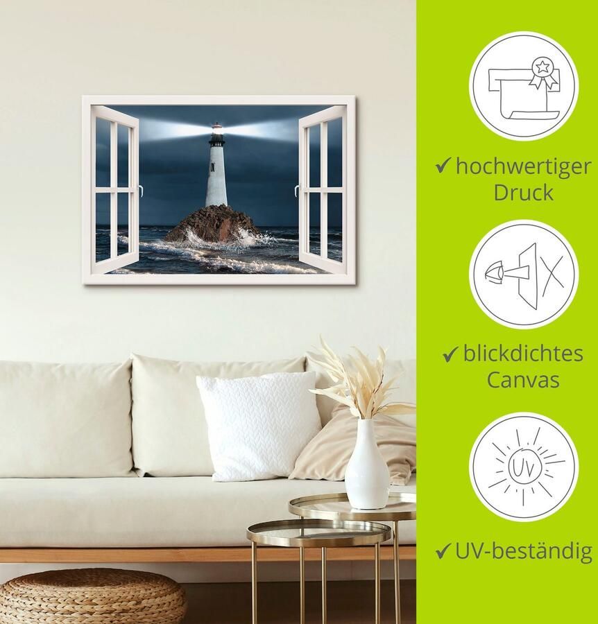 Artland Artprint op linnen Blik uit het venster vuurtoren met lichtbundel - Foto 3