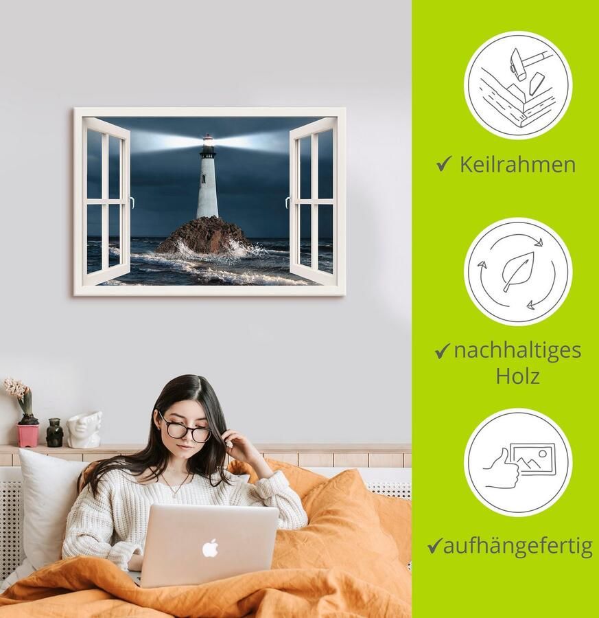 Artland Artprint op linnen Blik uit het venster vuurtoren met lichtbundel - Foto 2