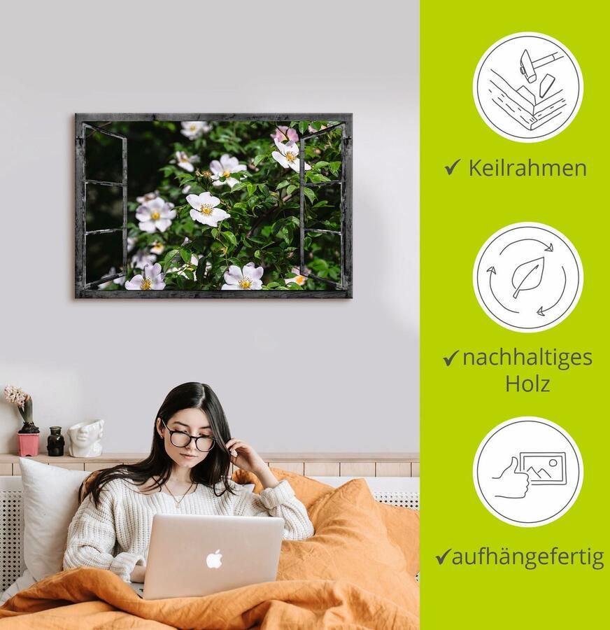 Artland Artprint op linnen Blik uit het venster wilde rozen