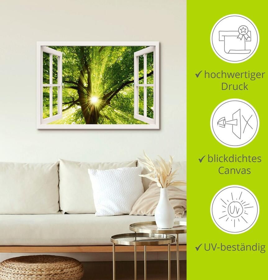 Artland Artprint op linnen Blik uit het venster zon schijnt door boom - Foto 3
