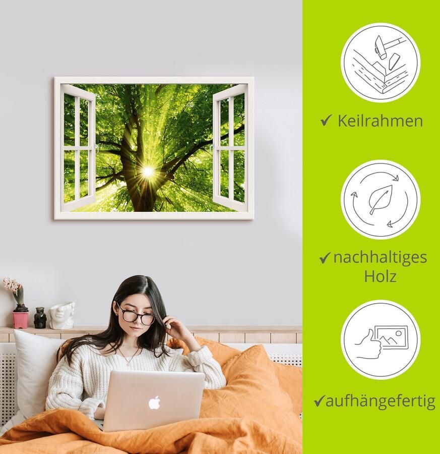 Artland Artprint op linnen Blik uit het venster zon schijnt door boom - Foto 2