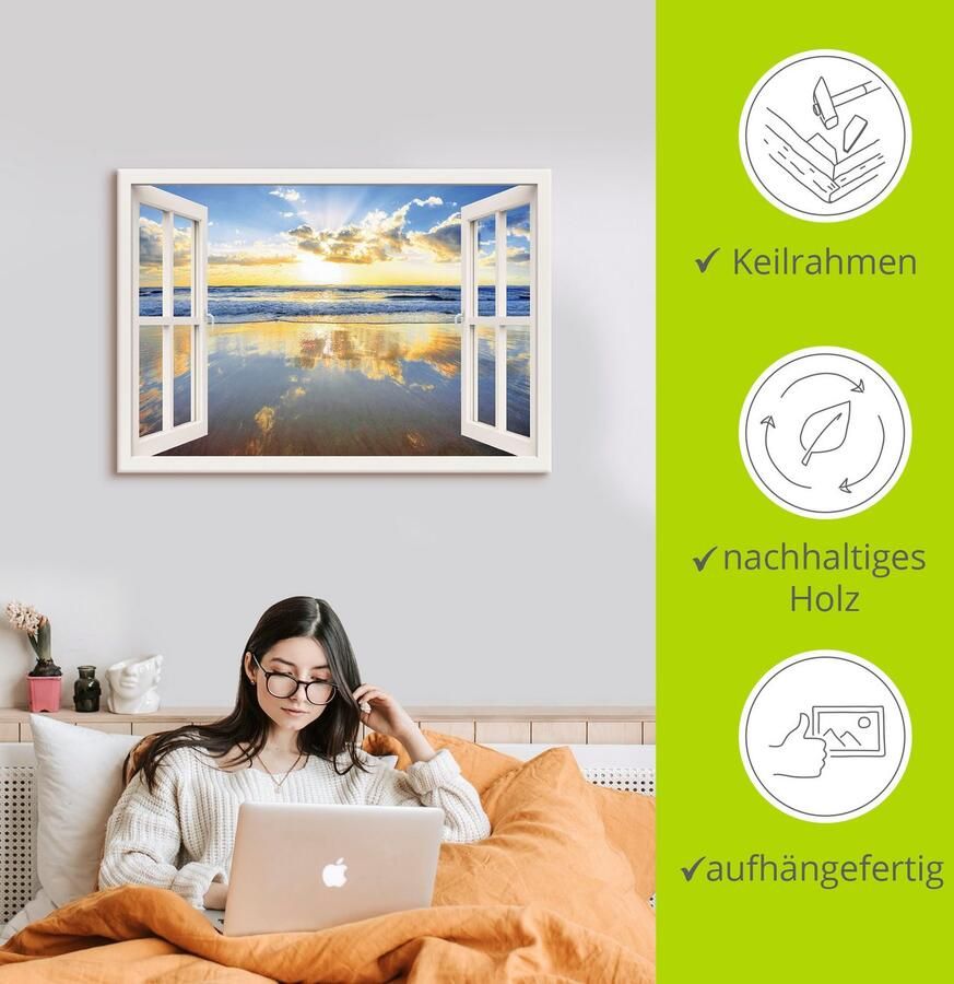 Artland Artprint op linnen Blik uit het venster zonsopkomst oceaan - Foto 3