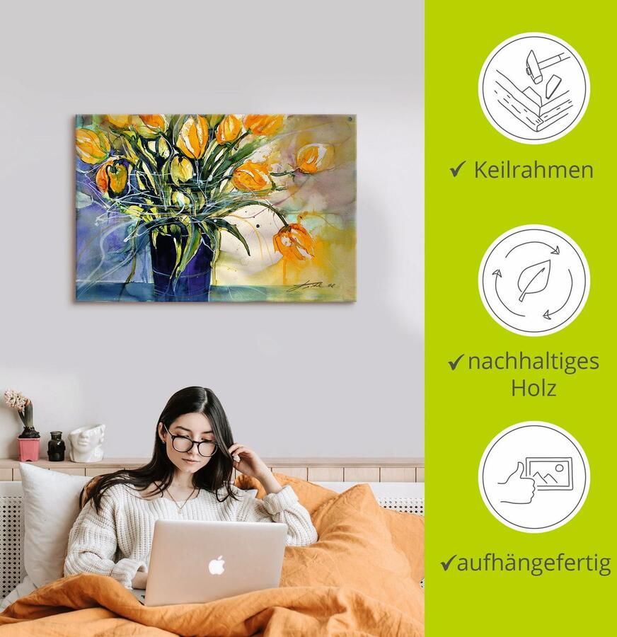 Artland Artprint op linnen Gele tulpen in zwarte vaas