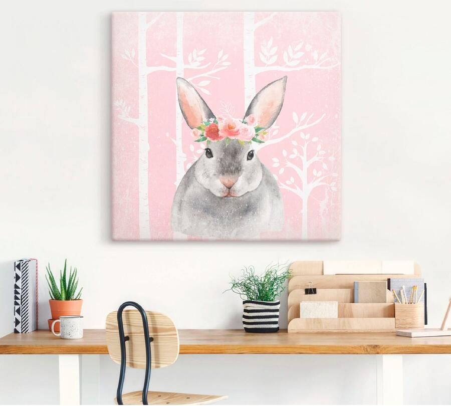 Artland Artprint op linnen Haas met bloemen in pink bos - Foto 3