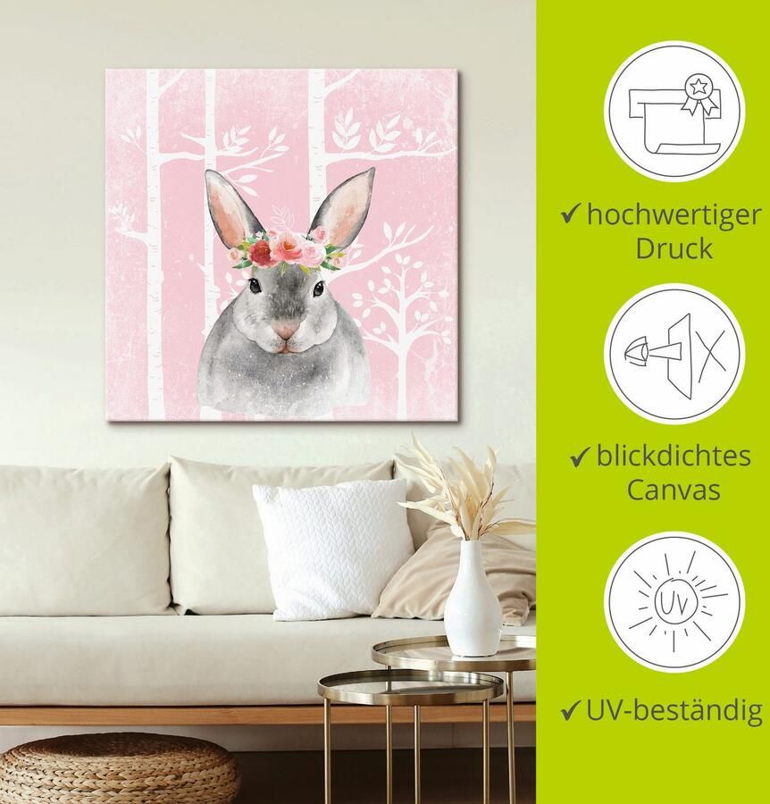 Artland Artprint op linnen Haas met bloemen in pink bos - Foto 2