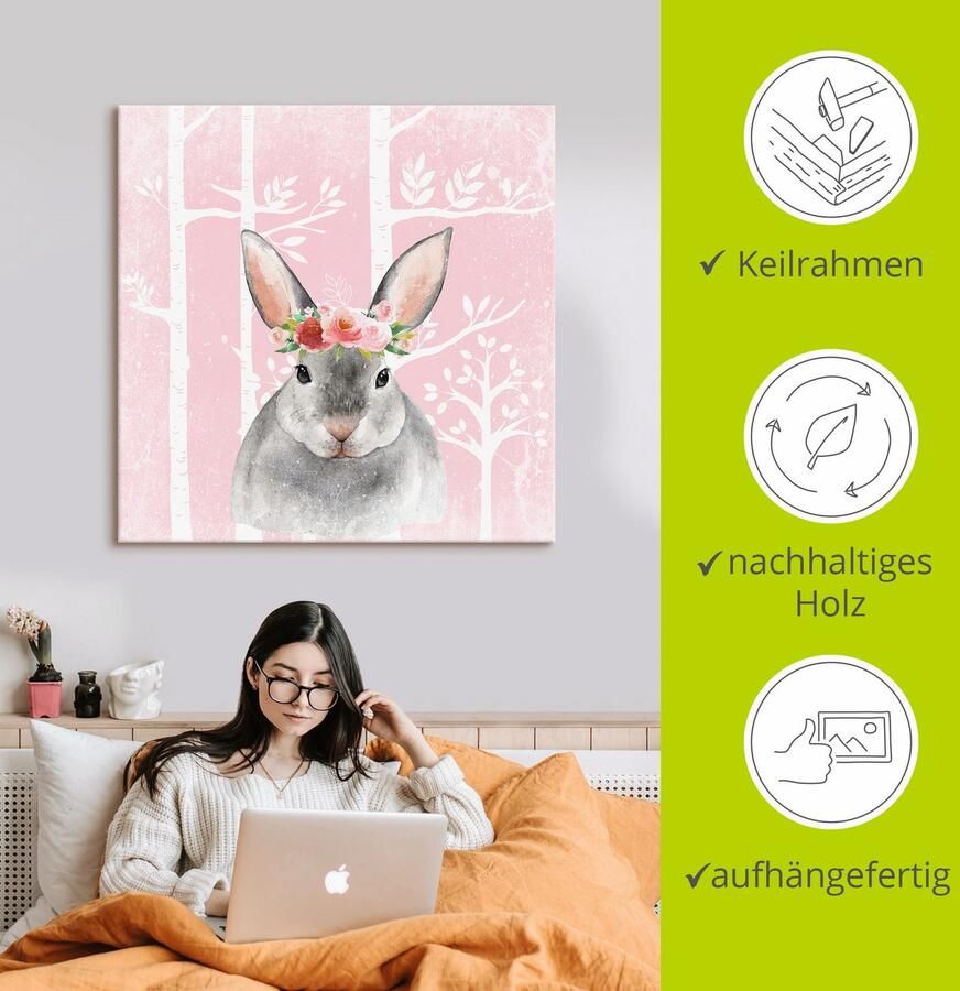 Artland Artprint op linnen Haas met bloemen in pink bos
