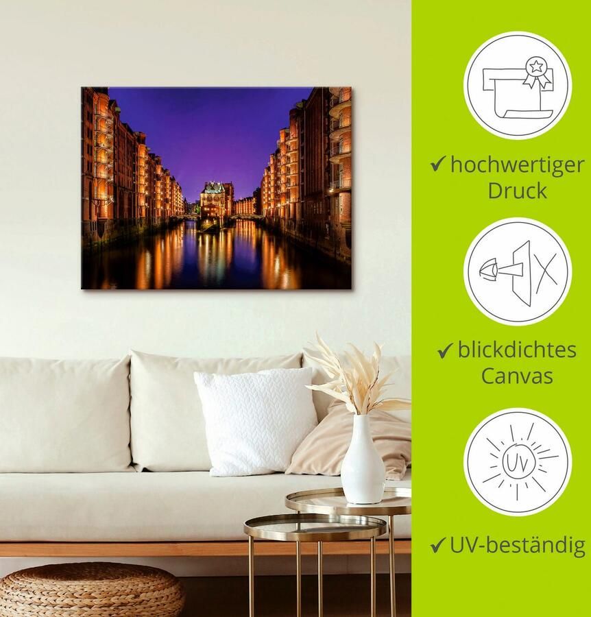 Artland Artprint op linnen Hamburg Speicherstadt 's nachts - Foto 3