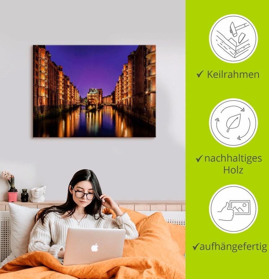 Artland Artprint op linnen Hamburg Speicherstadt 's nachts - Foto 2