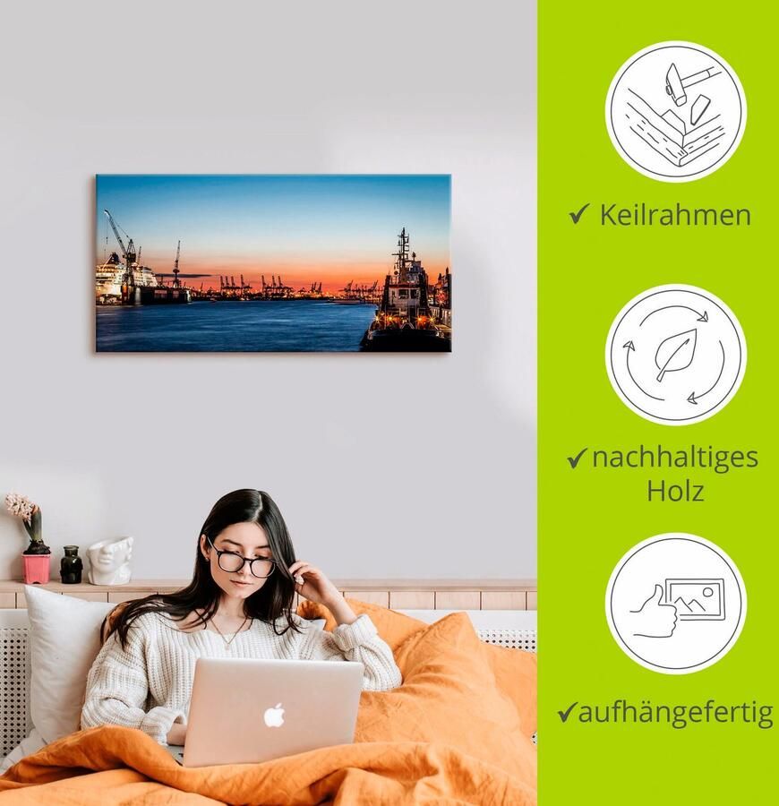 Artland Artprint op linnen Hamburgse Haven gespannen op een spieraam