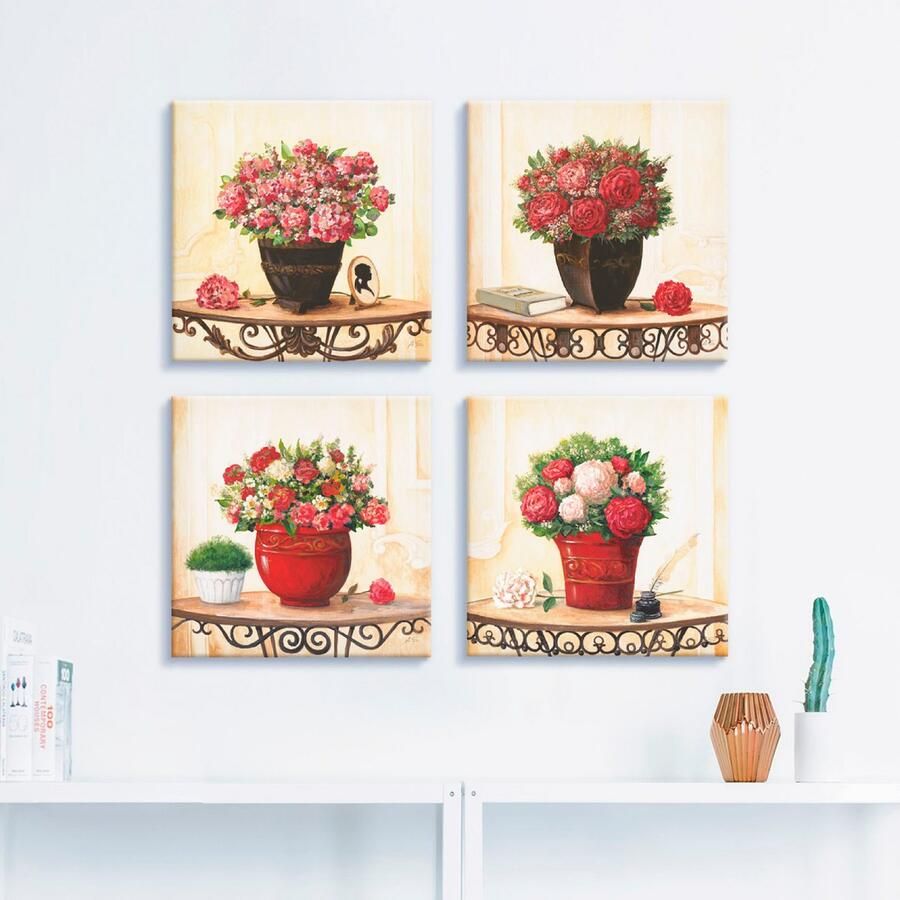 Artland Artprint op linnen Hortensia's kruidnagel rozen pioenrozen (4-delig)