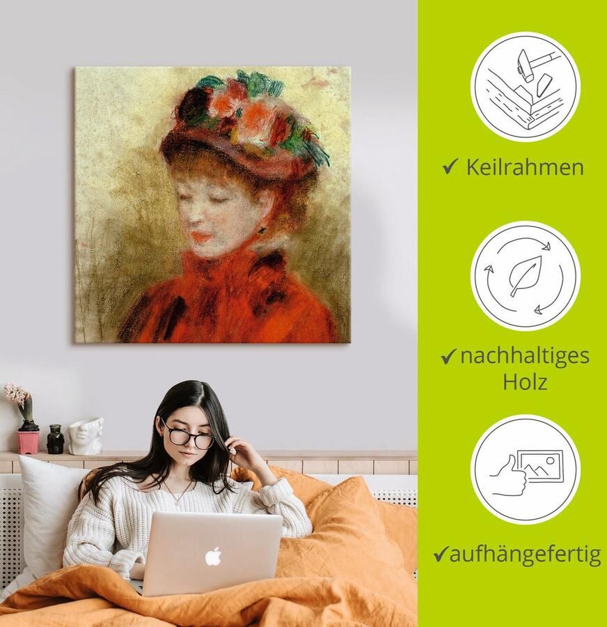 Artland Artprint op linnen Jonge vrouw met bloemenhoed