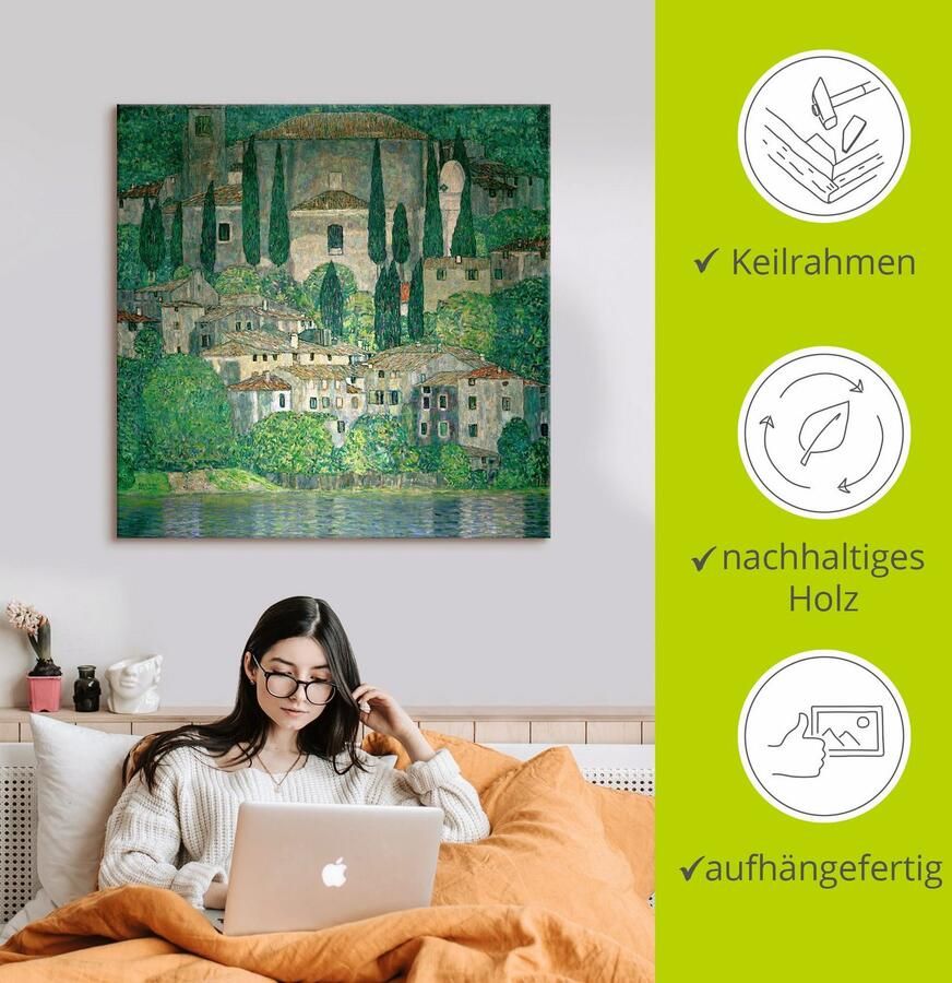 Artland Artprint op linnen Kerk in Cassone (Landschap met cipressen