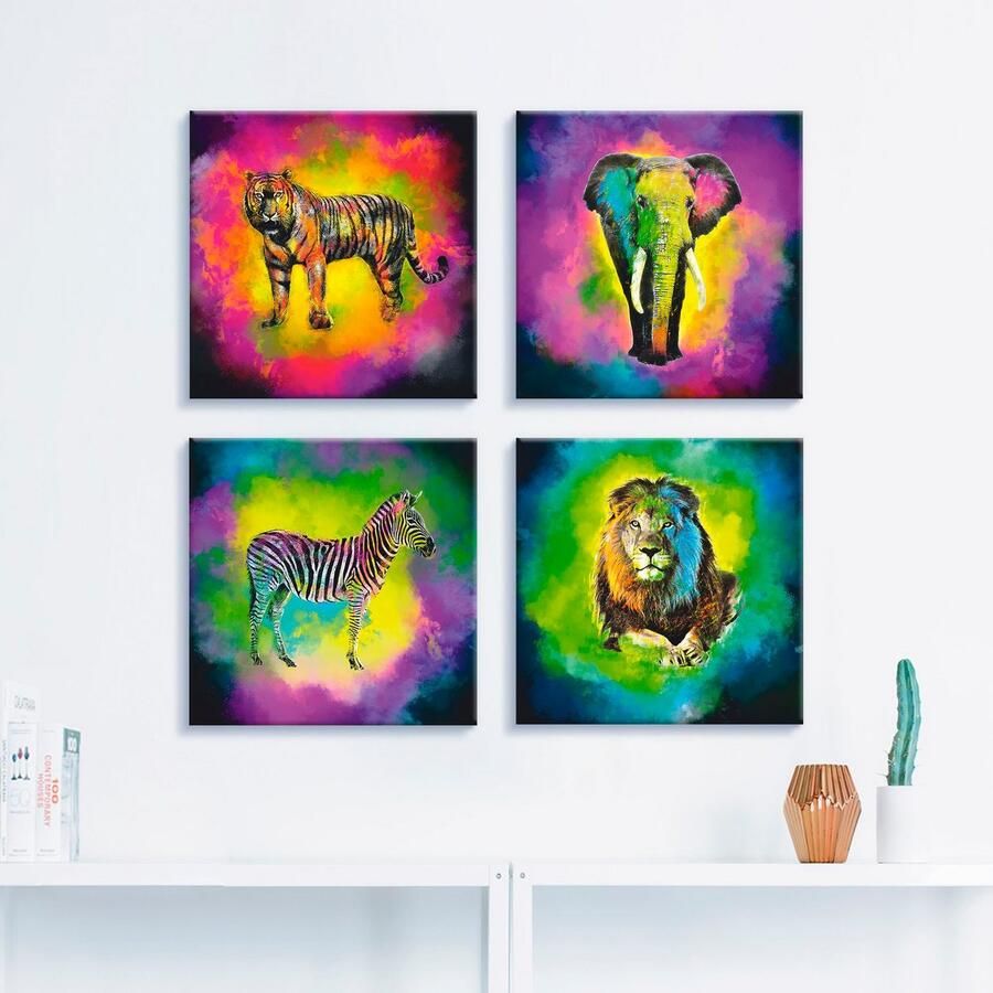 Artland Artprint op linnen Kleurexplosie olifant leeuw zebra tijger (4-delig) - Foto 2
