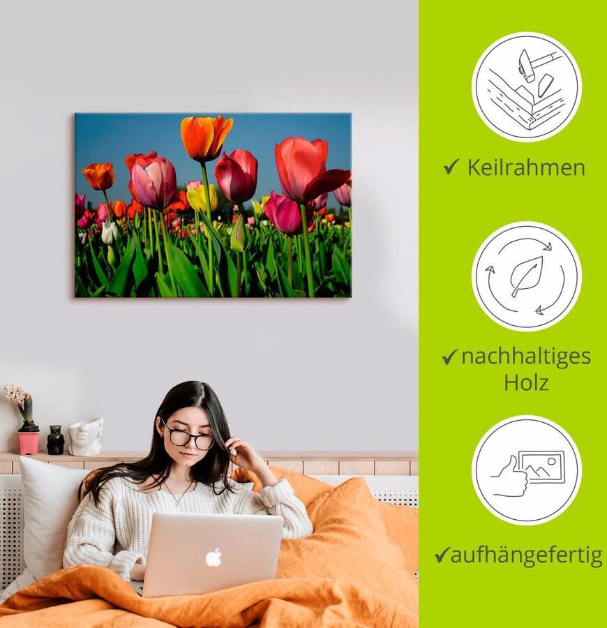 Artland Artprint op linnen Kleurrijk tulpenveld gespannen op een spieraam
