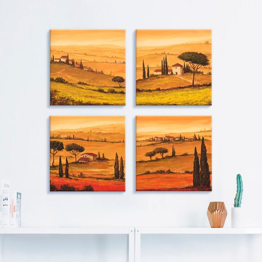Artland Artprint op linnen Knollenland en veld klaprozen Toscaans landschap (4-delig) - Foto 2