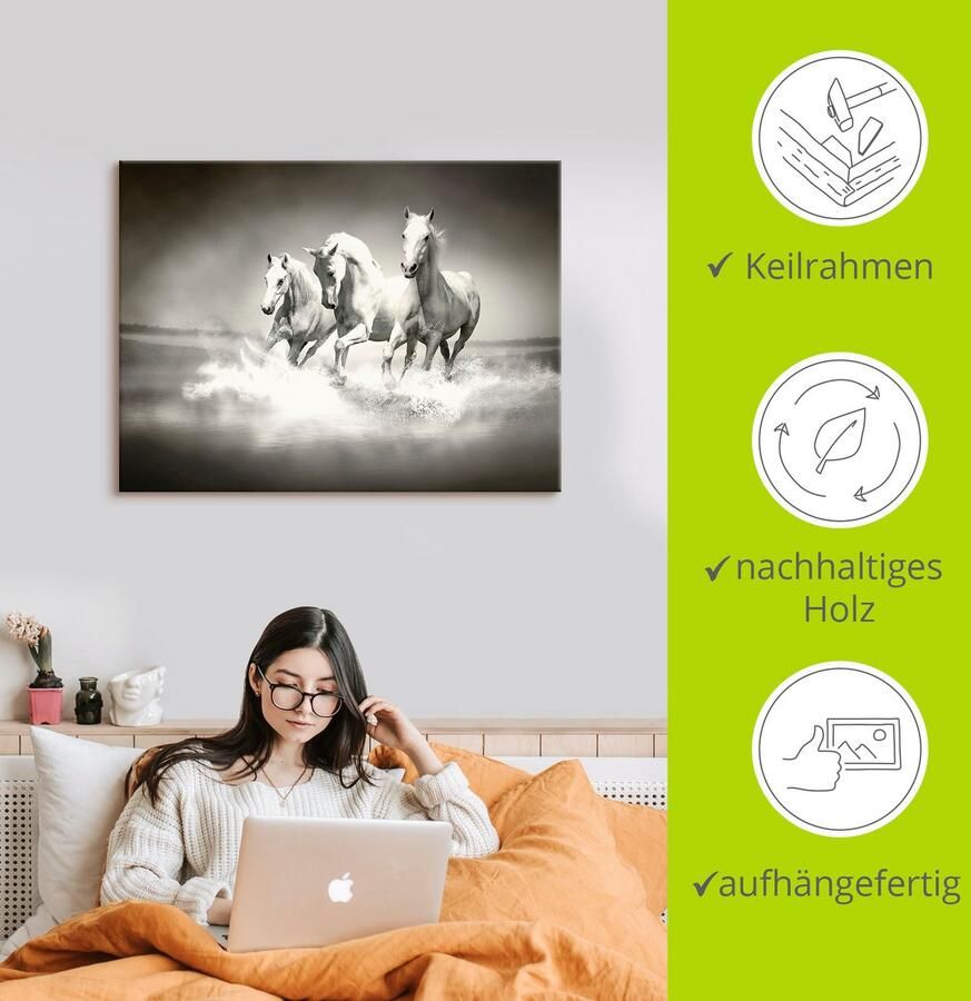Artland Artprint op linnen Kudde van witte paarden gespannen op een spieraam - Foto 2