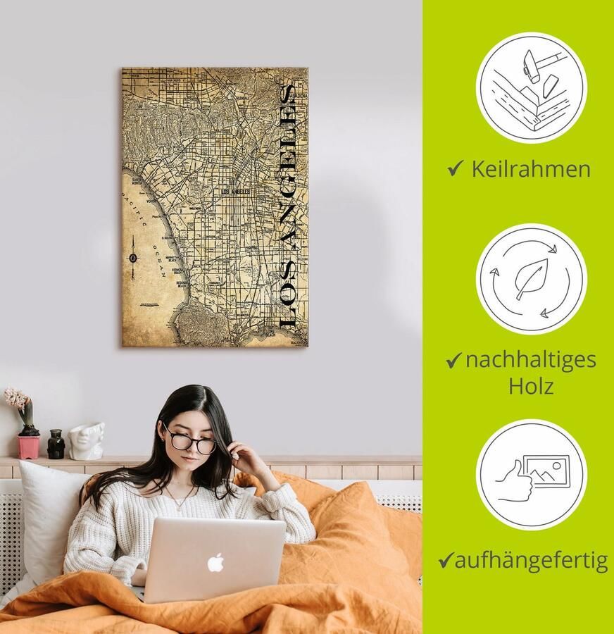 Artland Artprint op linnen Los Angeles Kaart straten kaart Sepia