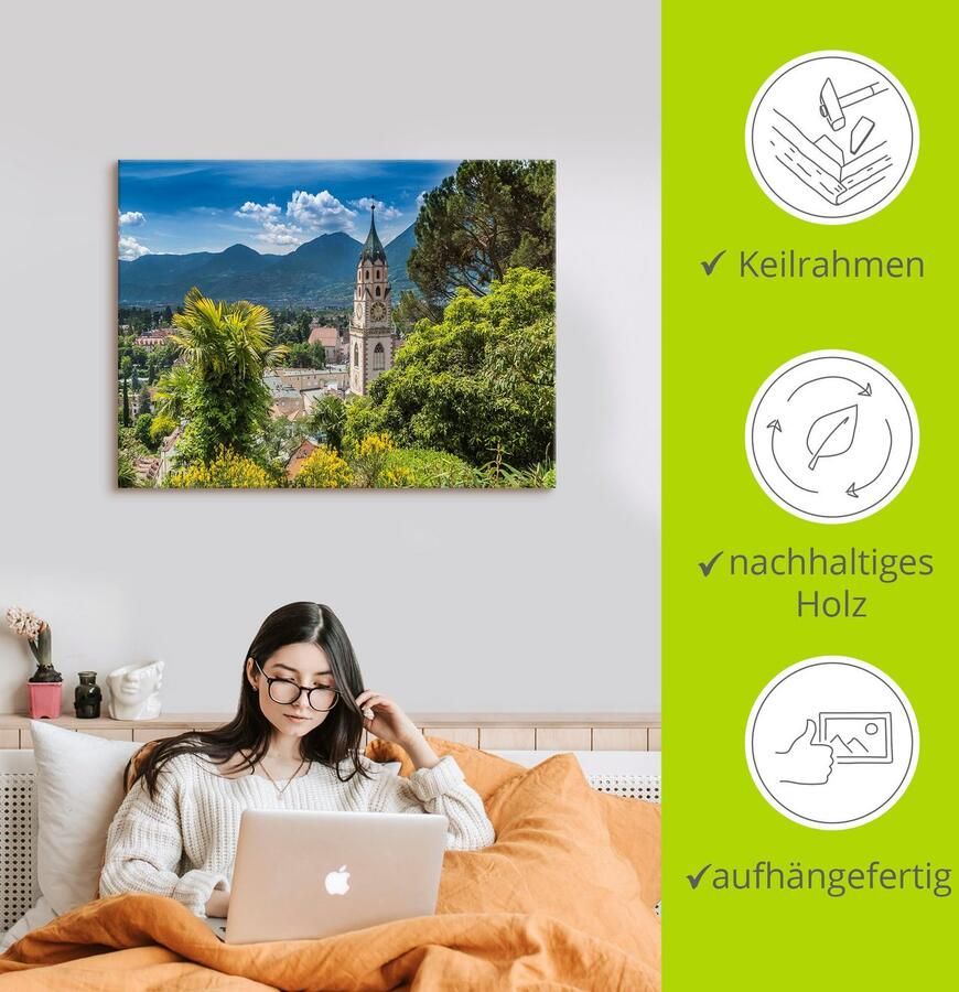 Artland Artprint op linnen Meran idyllische blik over de stad