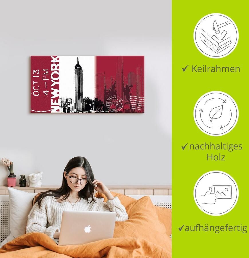 Artland Artprint op linnen New York bordeaux gespannen op een spieraam - Foto 3