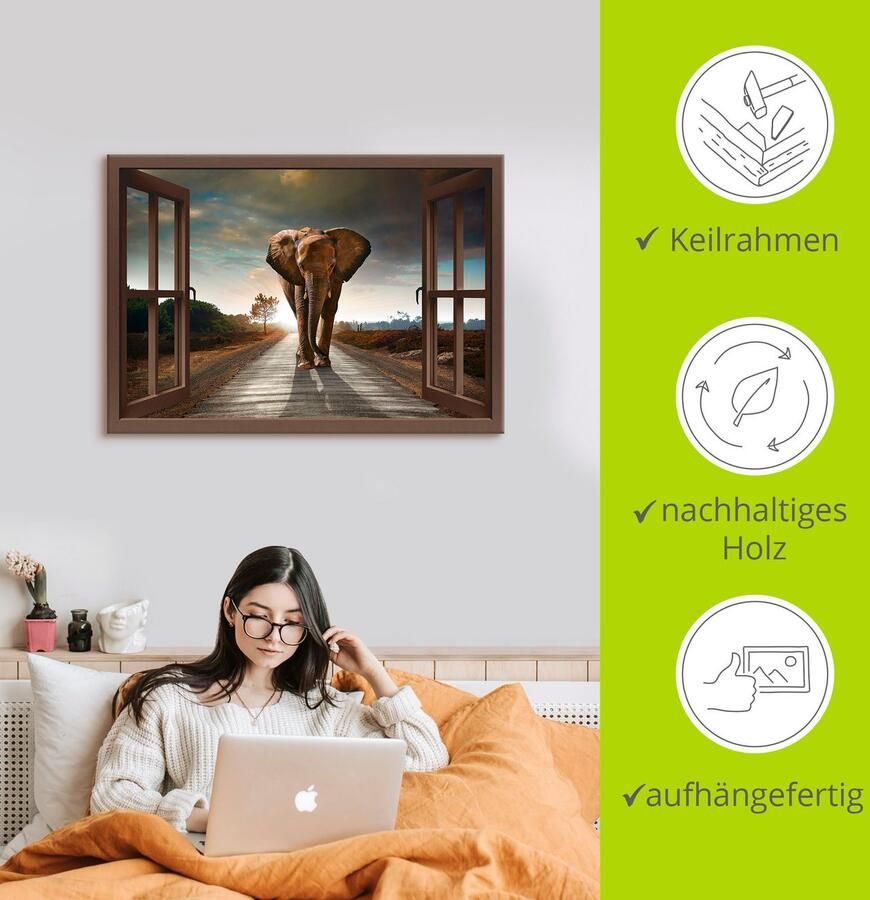 Artland Artprint op linnen Olifant op straat bruine venster - Foto 4