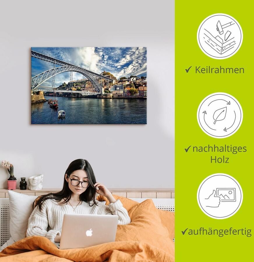 Artland Artprint op linnen Panorama Porto met Eiffel brug