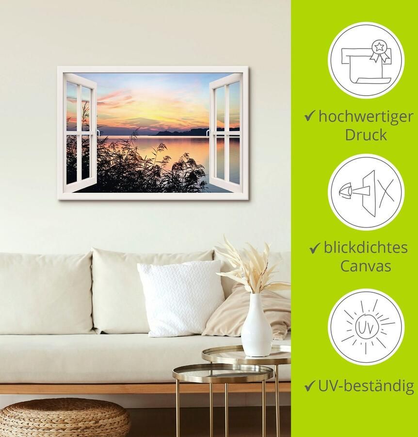 Artland Artprint op linnen Raamzicht Avondrood in het riet wit - Foto 4