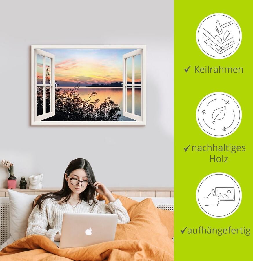 Artland Artprint op linnen Raamzicht Avondrood in het riet wit - Foto 3