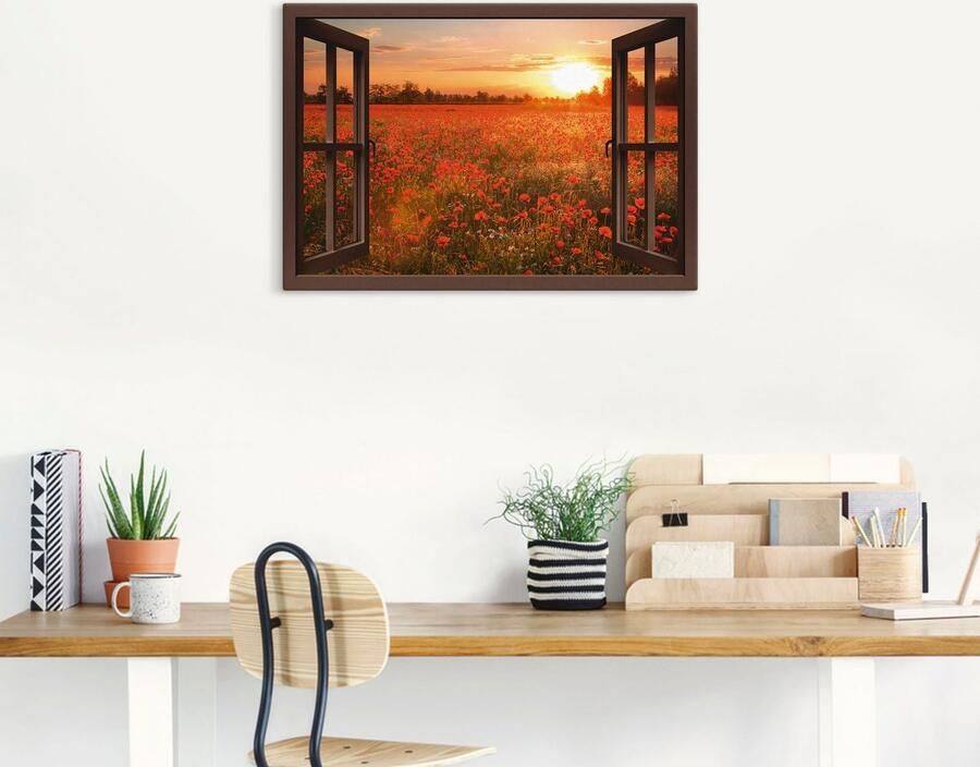 Artland Artprint op linnen Raamzicht Klaprozenveld bruin - Foto 5