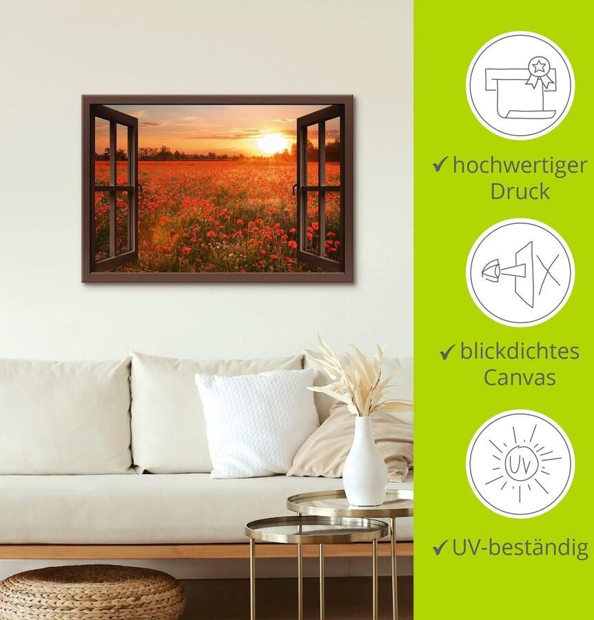 Artland Artprint op linnen Raamzicht Klaprozenveld bruin - Foto 3