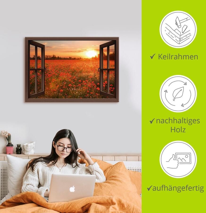 Artland Artprint op linnen Raamzicht Klaprozenveld bruin - Foto 2