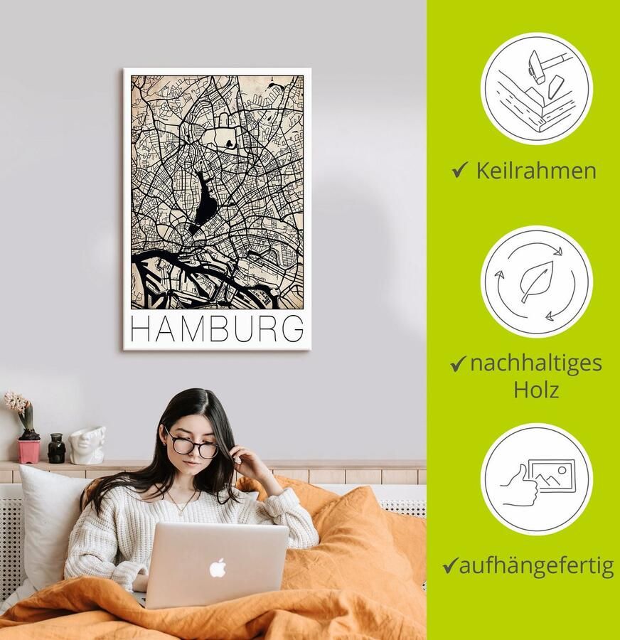 Artland Artprint op linnen Retro kaart Hamburg Duitsland Grunge - Foto 2