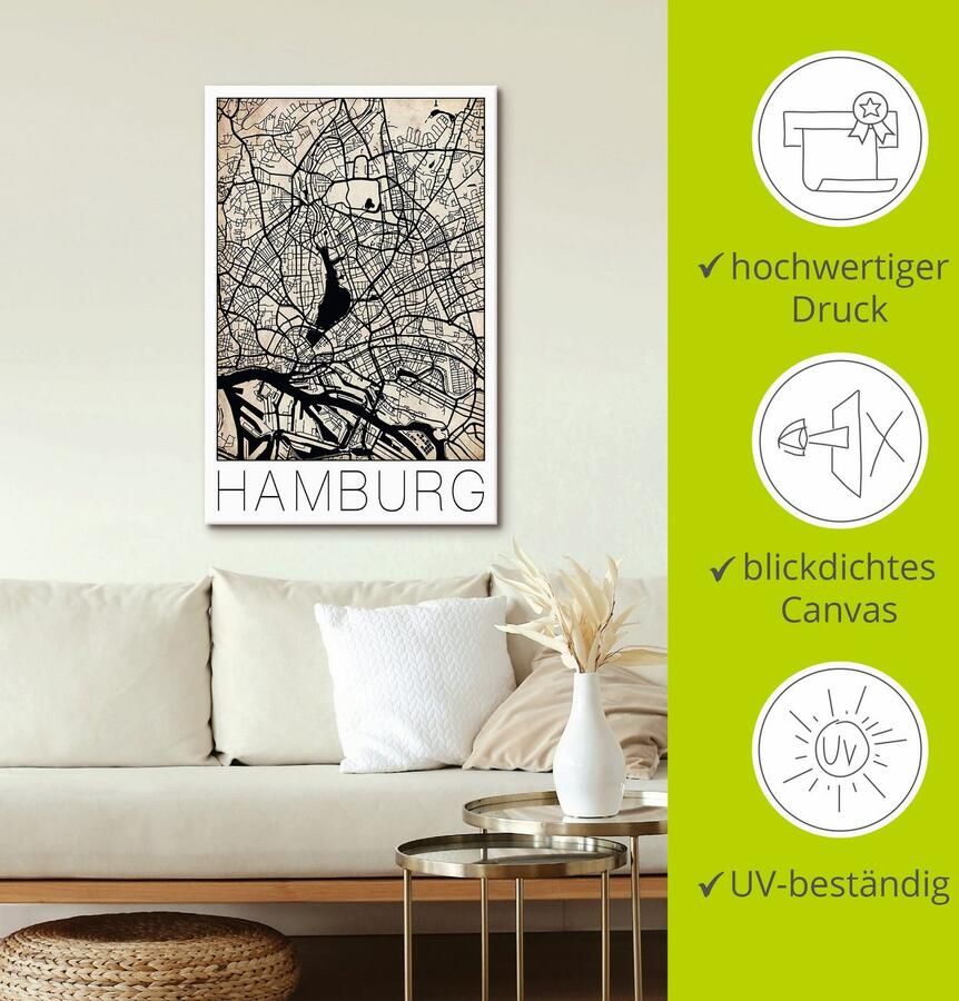 Artland Artprint op linnen Retro kaart Hamburg Duitsland Grunge - Foto 3