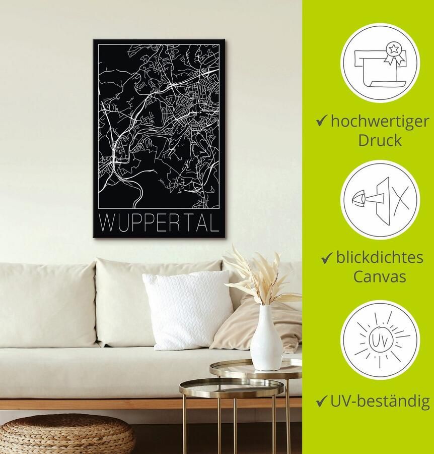 Artland Artprint op linnen Retro kaart Wuppertal zwart - Foto 2