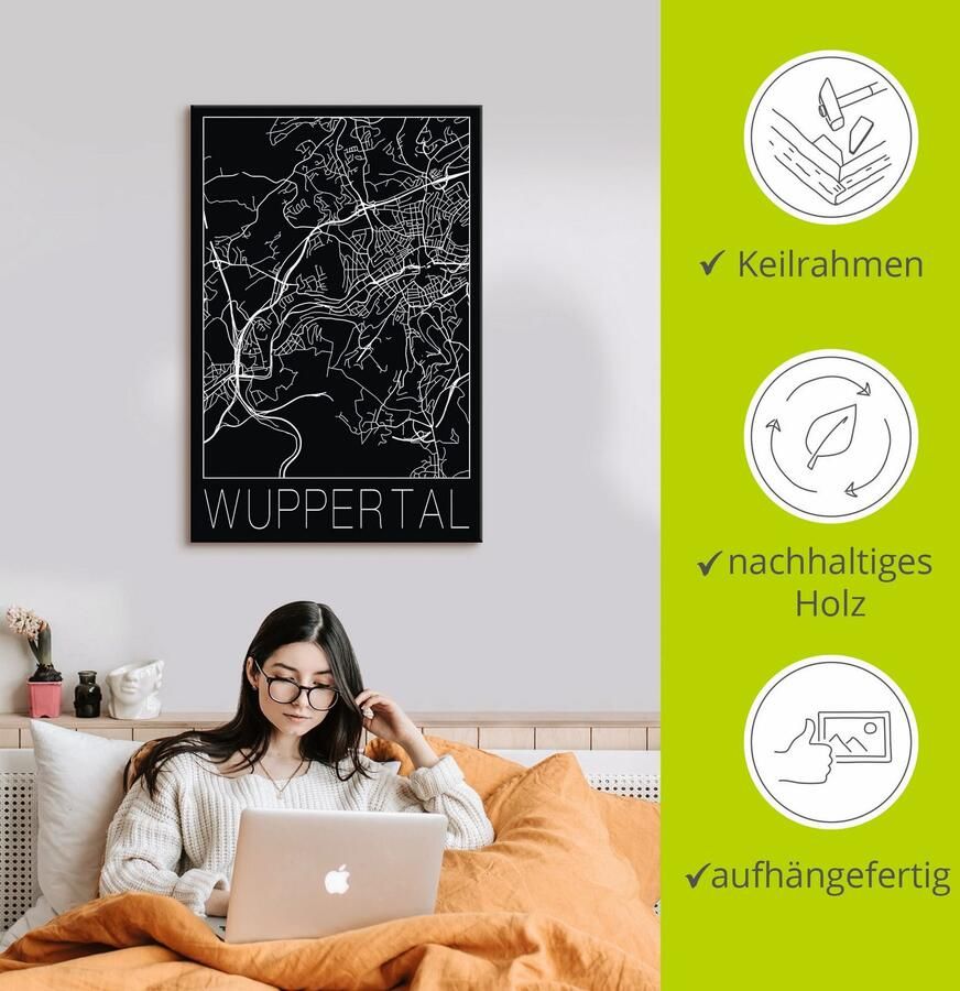 Artland Artprint op linnen Retro kaart Wuppertal zwart