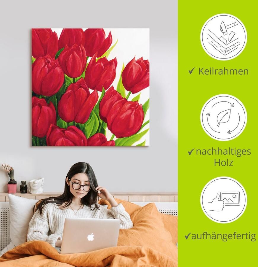 Artland Artprint op linnen Rode tulpen gespannen op een spieraam - Foto 2