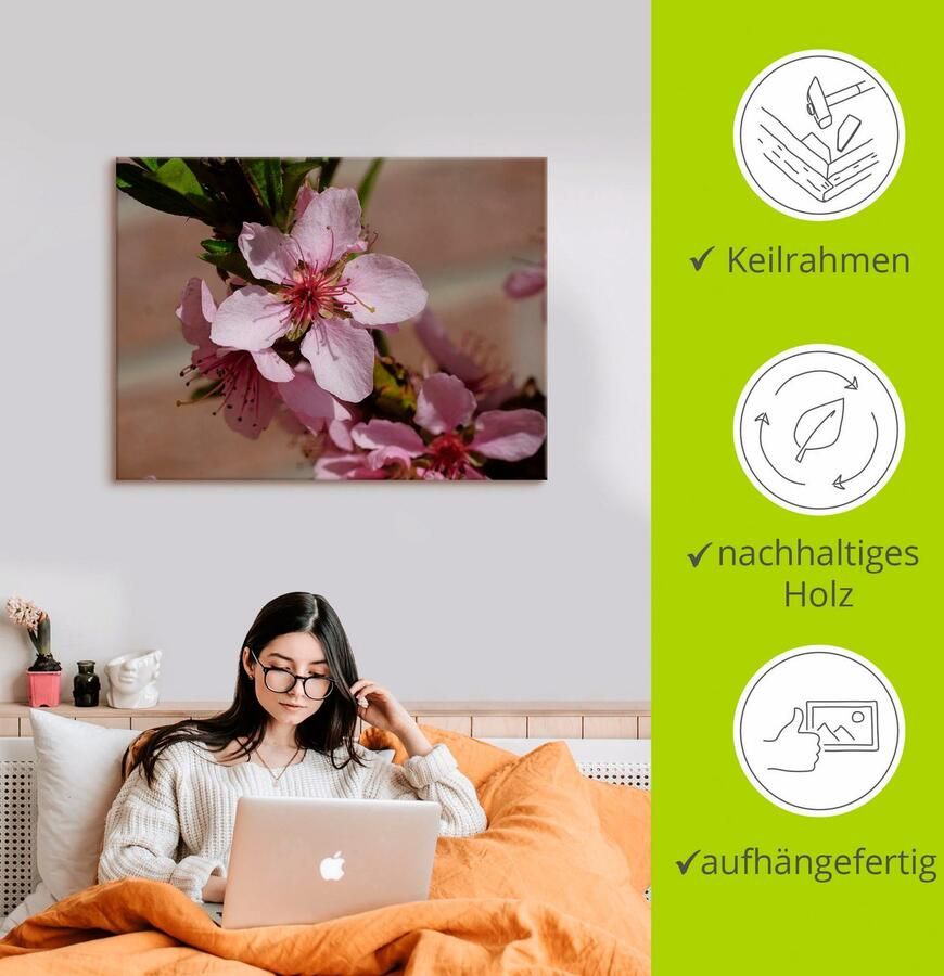 Artland Artprint op linnen Roze perzikbloesem gespannen op een spieraam