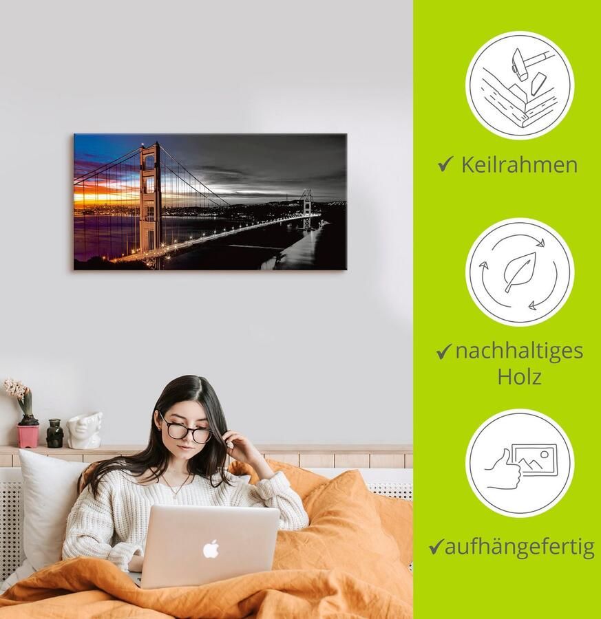 Artland Artprint op linnen The Golden Gate Bridge gespannen op een spieraam - Foto 3