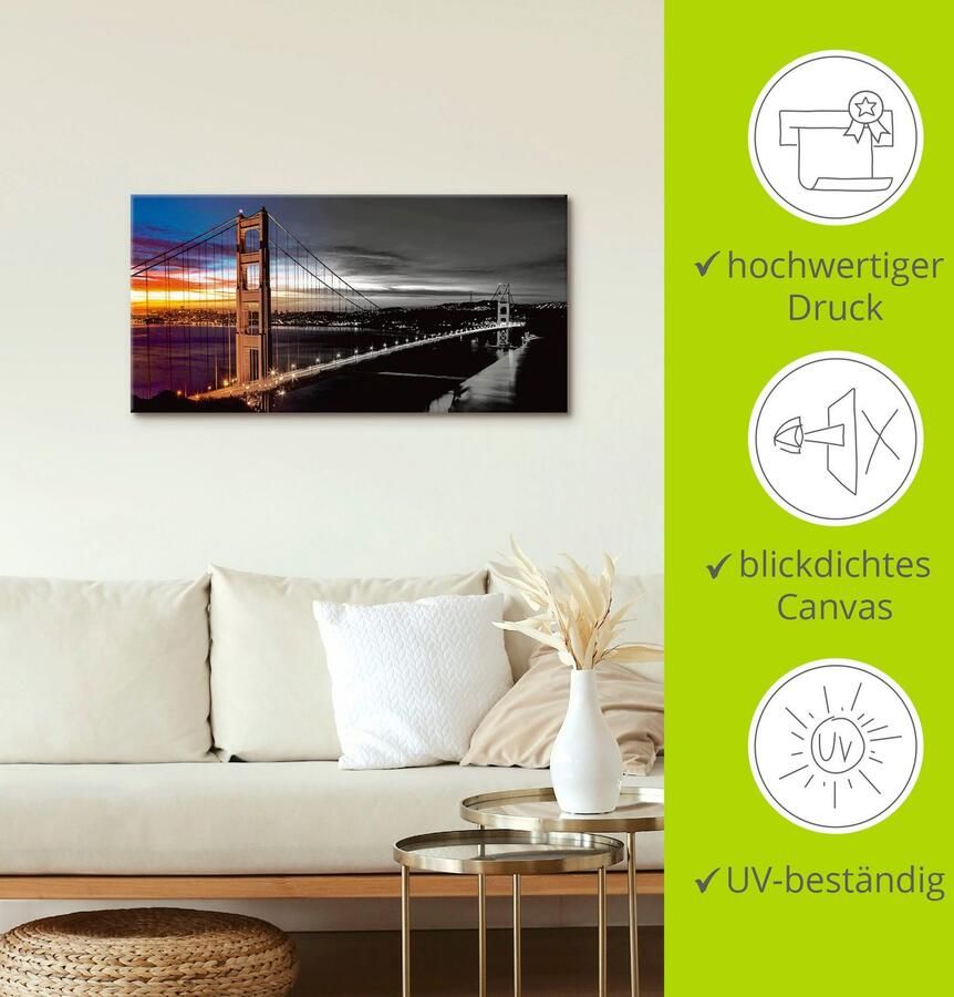 Artland Artprint op linnen The Golden Gate Bridge gespannen op een spieraam - Foto 4