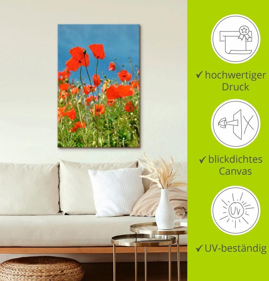 Artland Artprint op linnen Veld met rode klaproos gespannen op een spieraam - Foto 2